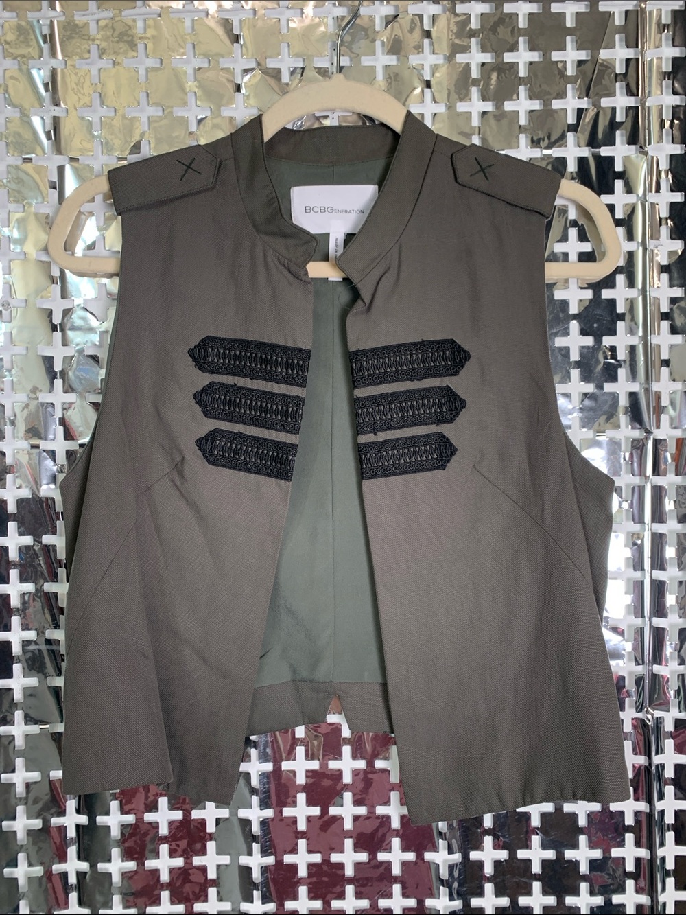 BCBGeneration Olive Military-Inspired Sleeveless Vest with Black Braid Trim